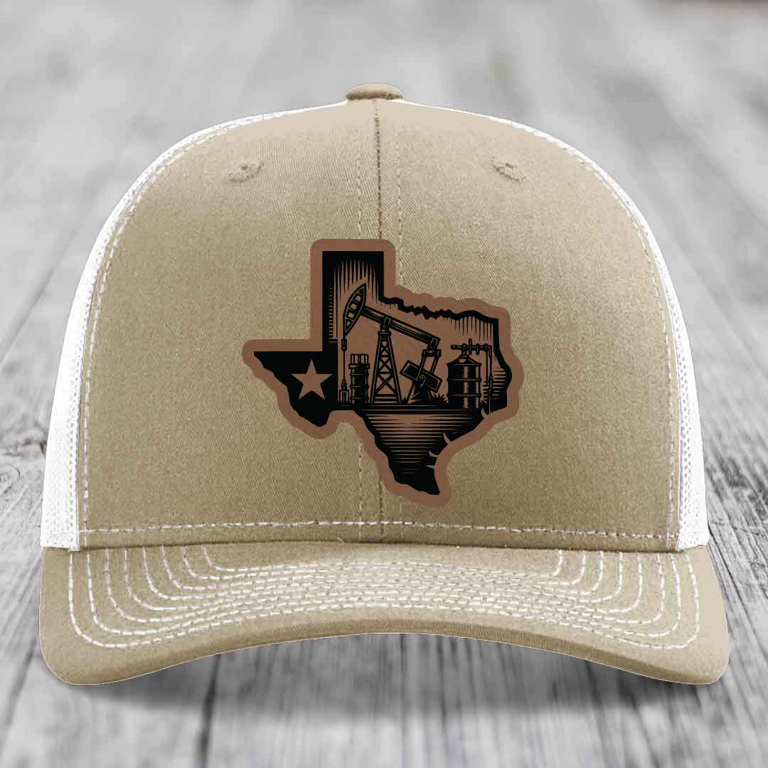Texas Oilfield - Leather Patch Hat - Dark Brown to Black Patch - Richardson 112 Snapback Trucker Hat