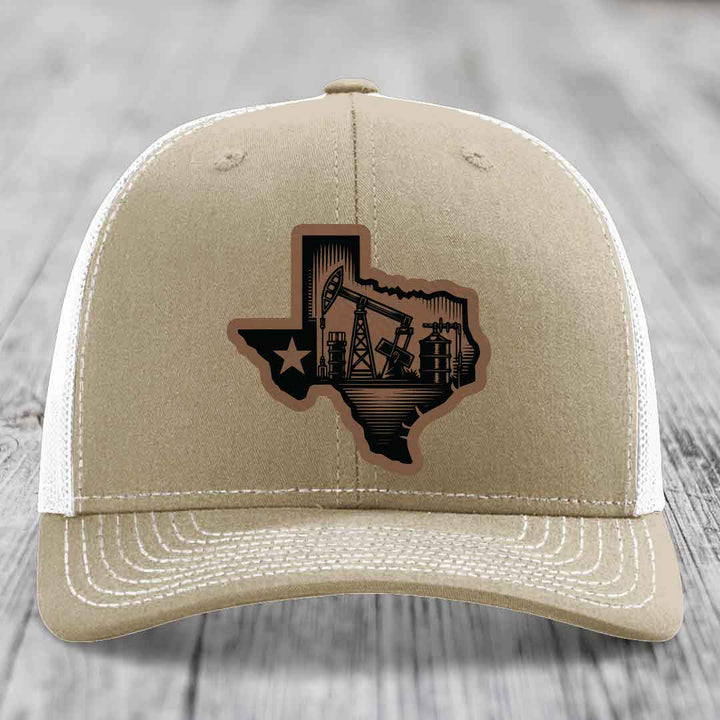 Texas Oilfield - Leather Patch Hat - Dark Brown to Black Patch - Richardson 112 Snapback Trucker Hat