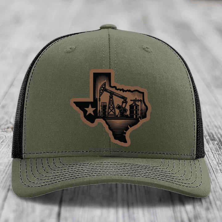 Texas Oilfield - Leather Patch Hat - Dark Brown to Black Patch - Richardson 112 Snapback Trucker Hat