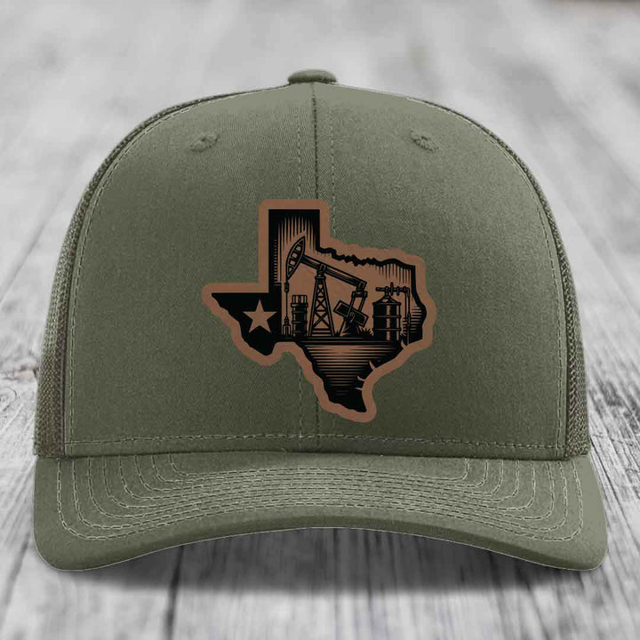 Texas Oilfield - Leather Patch Hat - Dark Brown to Black Patch - Richardson 112 Snapback Trucker Hat