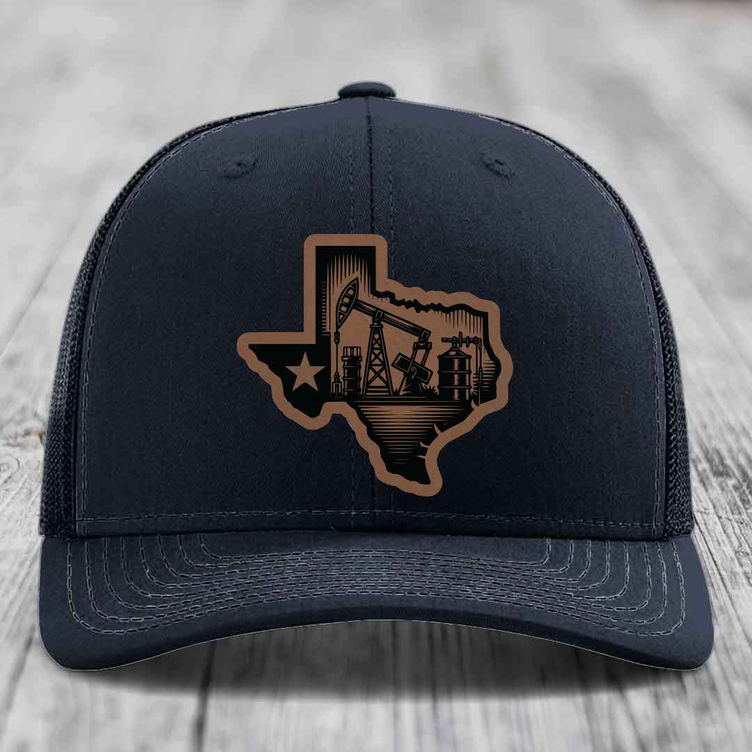 Texas Oilfield - Leather Patch Hat - Dark Brown to Black Patch - Richardson 112 Snapback Trucker Hat