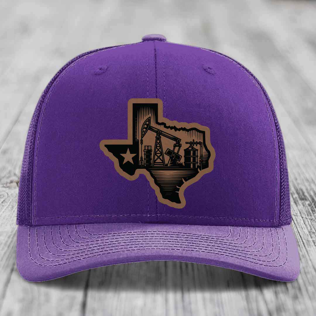 Texas Oilfield - Leather Patch Hat - Dark Brown to Black Patch - Richardson 112 Snapback Trucker Hat