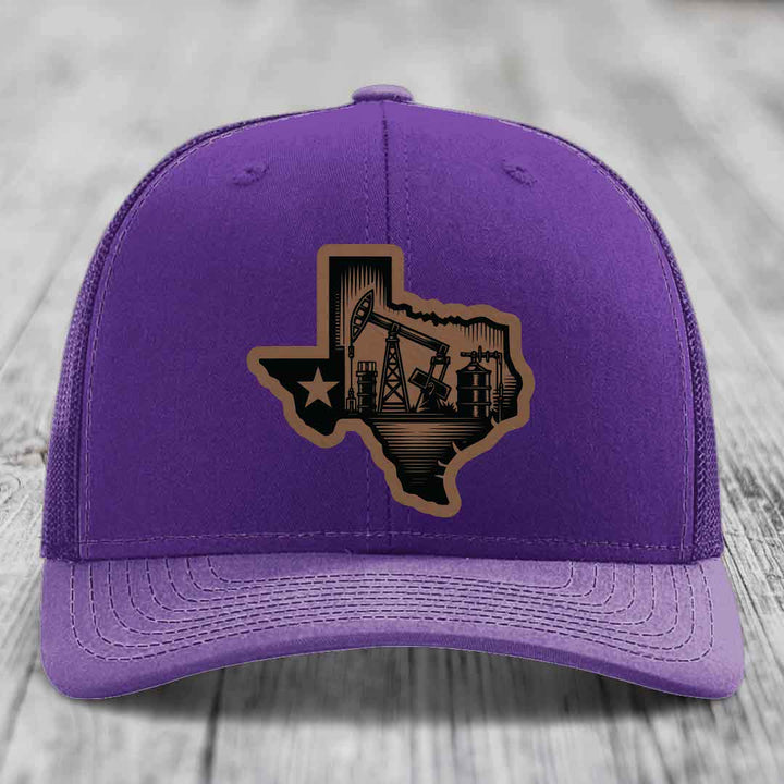 Texas Oilfield - Leather Patch Hat - Dark Brown to Black Patch - Richardson 112 Snapback Trucker Hat