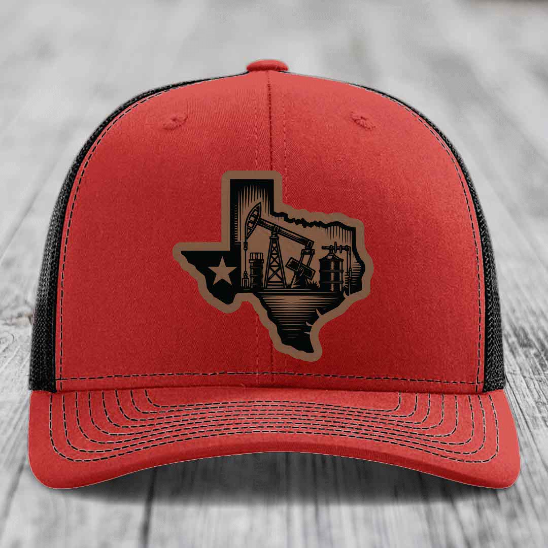 Texas Oilfield - Leather Patch Hat - Dark Brown to Black Patch - Richardson 112 Snapback Trucker Hat