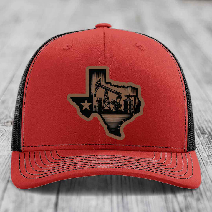 Texas Oilfield - Leather Patch Hat - Dark Brown to Black Patch - Richardson 112 Snapback Trucker Hat