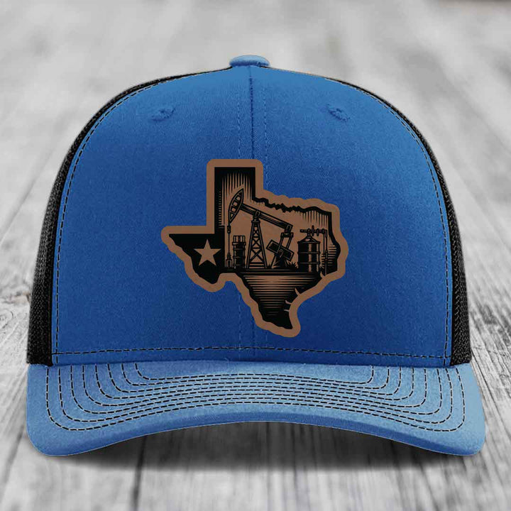 Texas Oilfield - Leather Patch Hat - Dark Brown to Black Patch - Richardson 112 Snapback Trucker Hat
