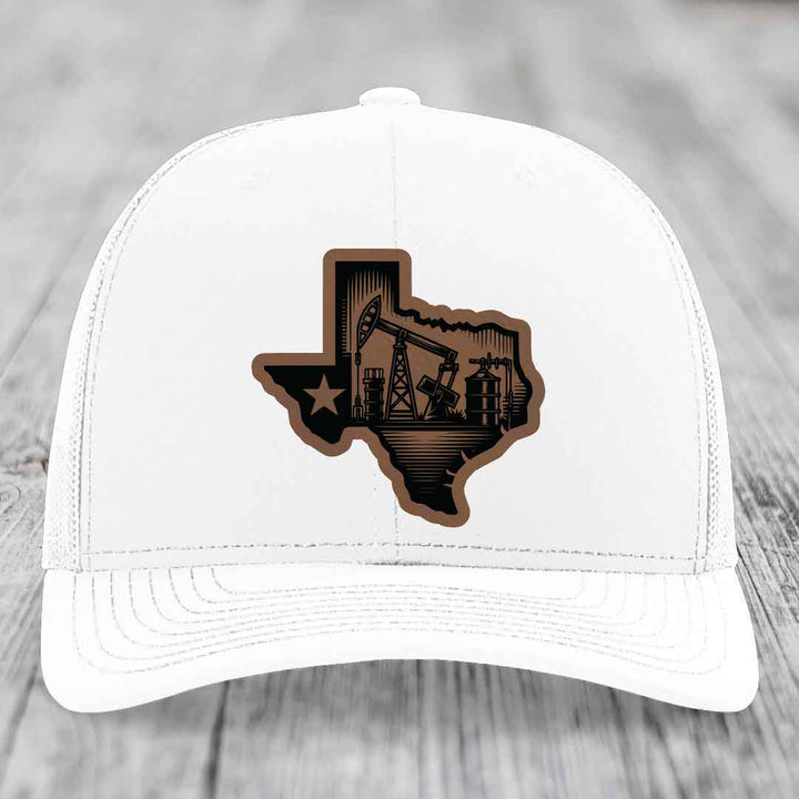 Texas Oilfield - Leather Patch Hat - Dark Brown to Black Patch - Richardson 112 Snapback Trucker Hat