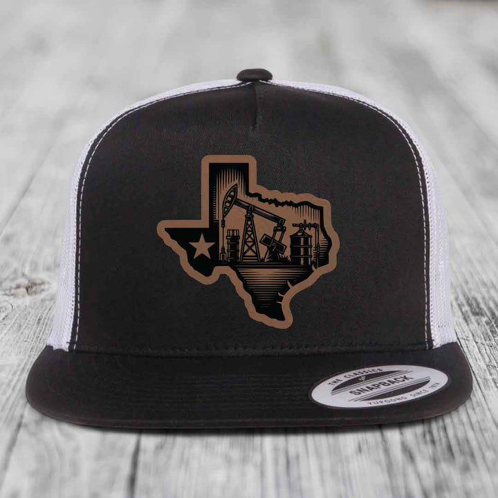 Texas Oilfield - Leather Patch Hat - Dark Brown to Black Patch - Yupoong 6006 Snapback Flatbill Hat