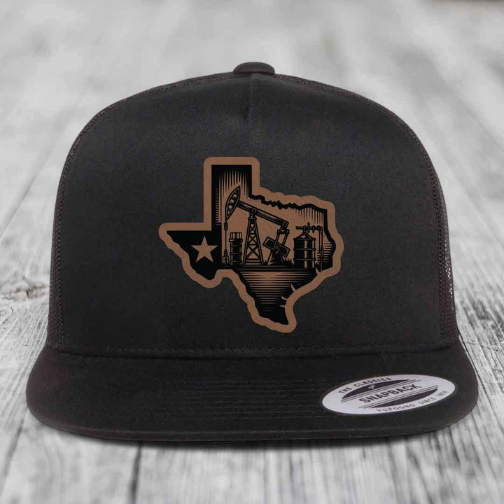 Texas Oilfield - Leather Patch Hat - Dark Brown to Black Patch - Yupoong 6006 Snapback Flatbill Hat