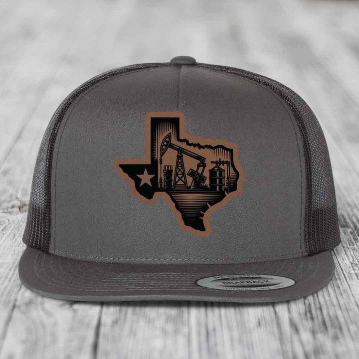 Texas Oilfield - Leather Patch Hat - Dark Brown to Black Patch - Yupoong 6006 Snapback Flatbill Hat