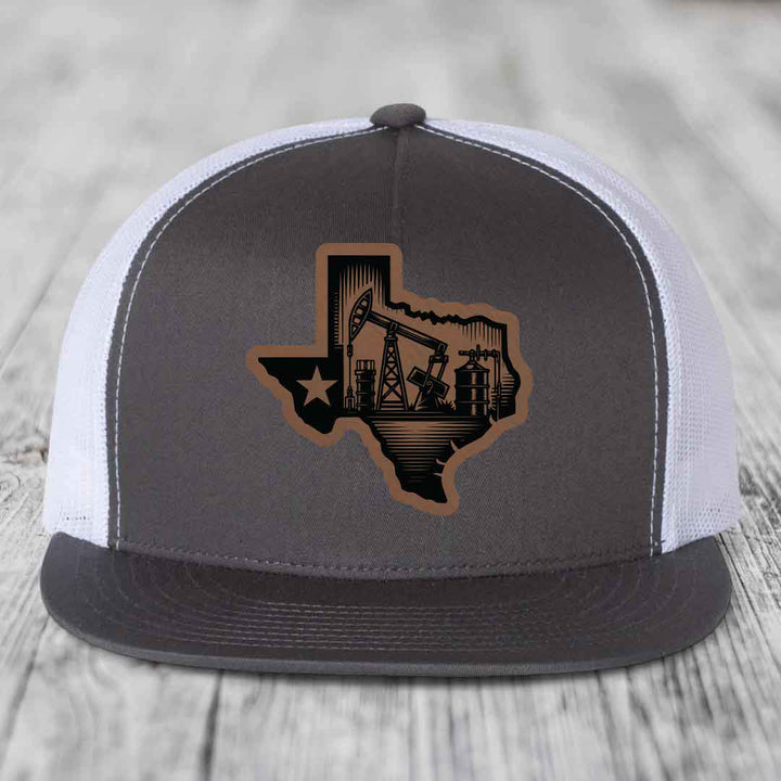 Texas Oilfield - Leather Patch Hat - Dark Brown to Black Patch - Yupoong 6006 Snapback Flatbill Hat