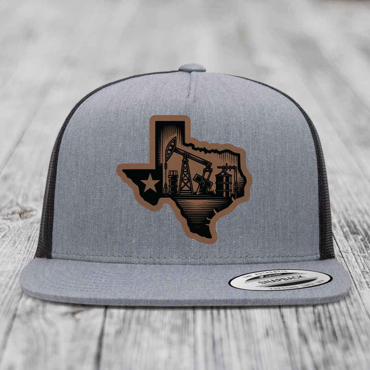 Texas Oilfield - Leather Patch Hat - Dark Brown to Black Patch - Yupoong 6006 Snapback Flatbill Hat