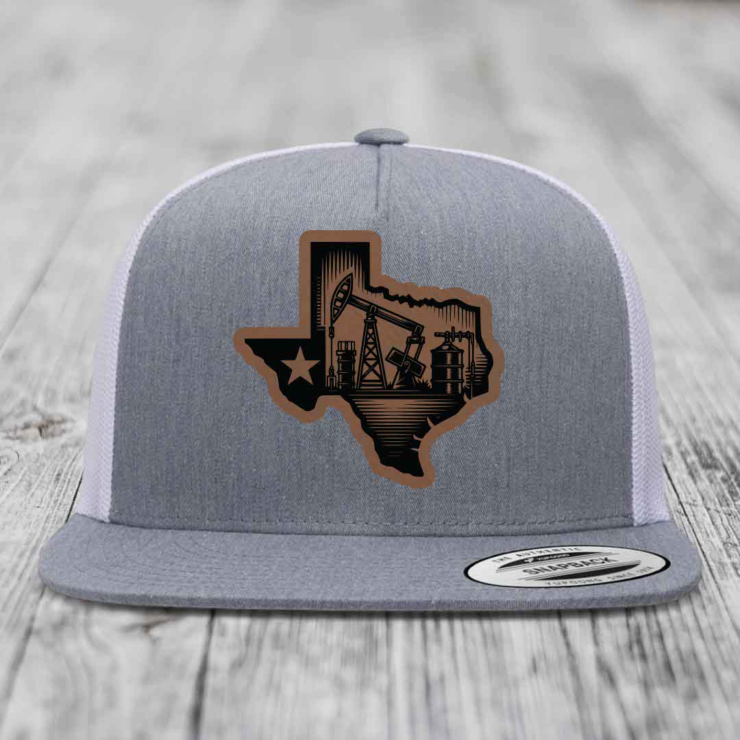 Texas Oilfield - Leather Patch Hat - Dark Brown to Black Patch - Yupoong 6006 Snapback Flatbill Hat