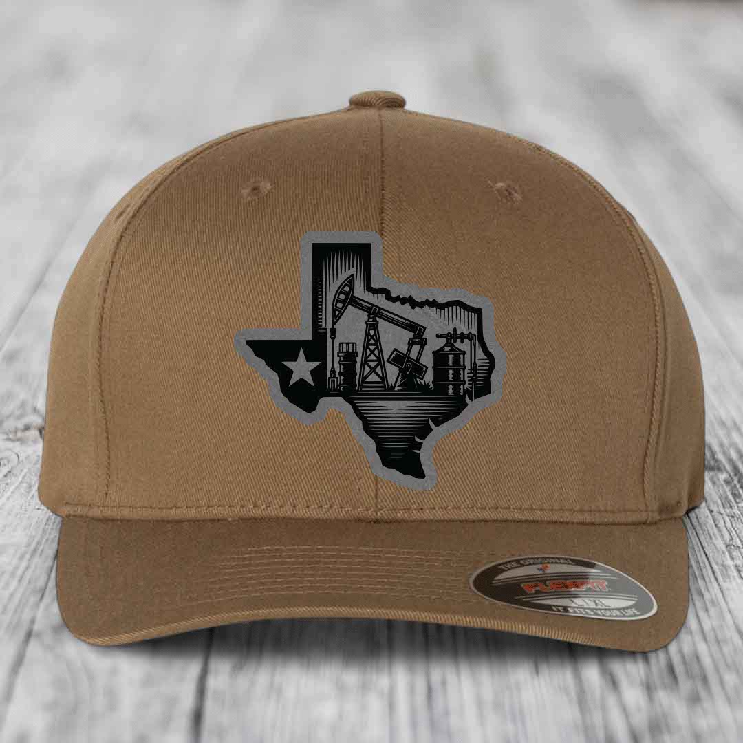 Texas Oilfield - Leather Patch Hat - Grey to Black Patch - Flexfit 6277 Fitted Hat