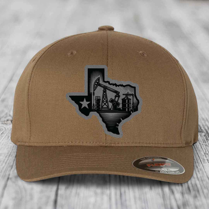 Texas Oilfield - Leather Patch Hat - Grey to Black Patch - Flexfit 6277 Fitted Hat