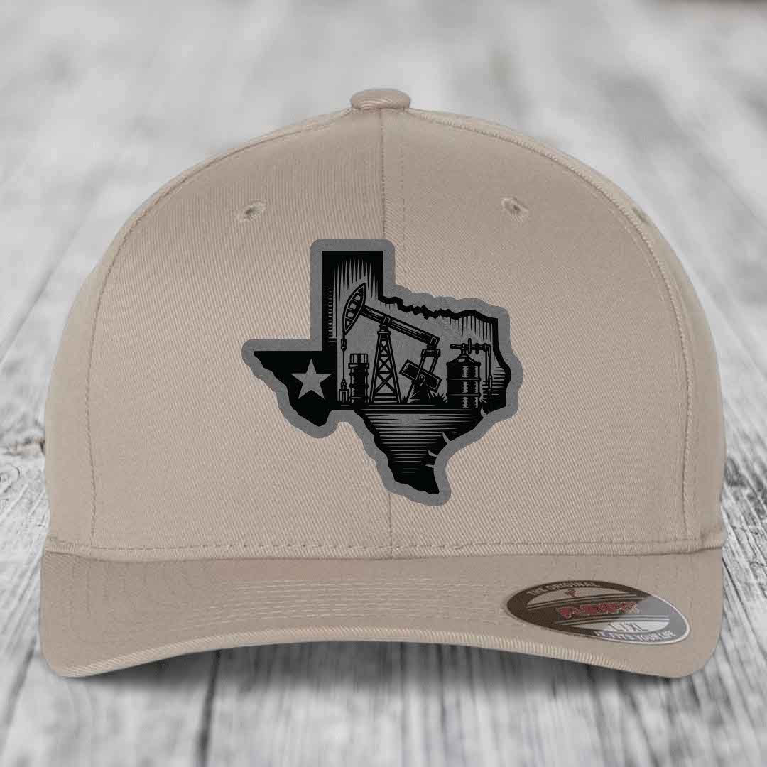 Texas Oilfield - Leather Patch Hat - Grey to Black Patch - Flexfit 6277 Fitted Hat