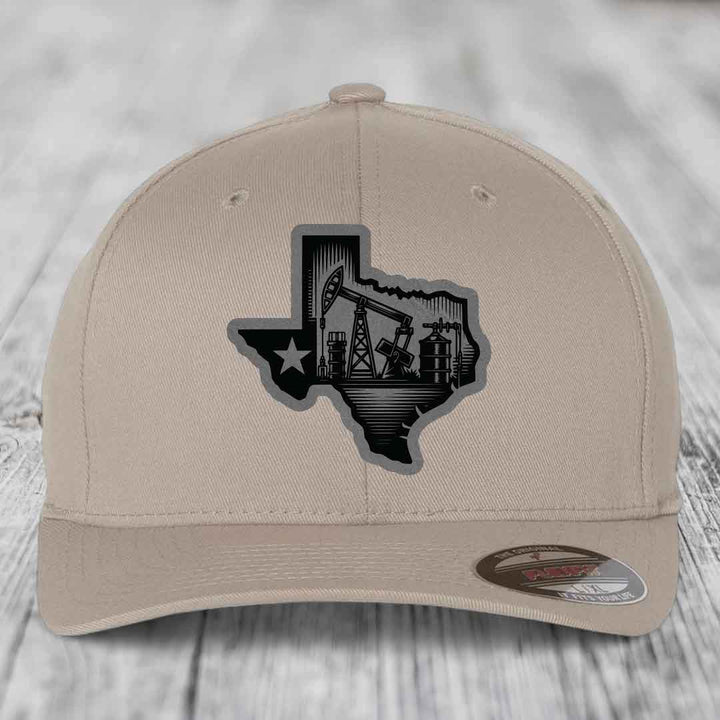 Texas Oilfield - Leather Patch Hat - Grey to Black Patch - Flexfit 6277 Fitted Hat