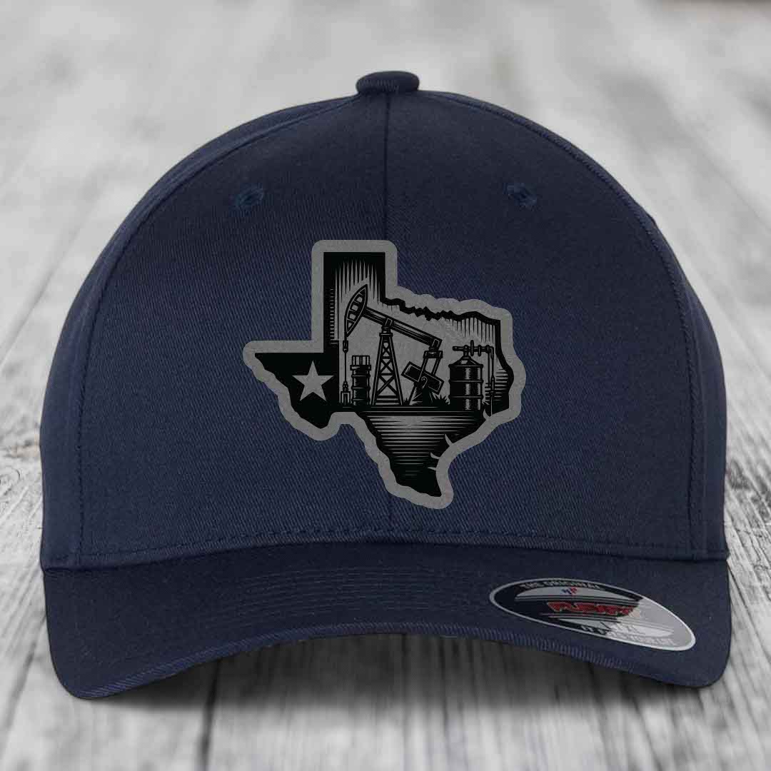 Texas Oilfield - Leather Patch Hat - Grey to Black Patch - Flexfit 6277 Fitted Hat