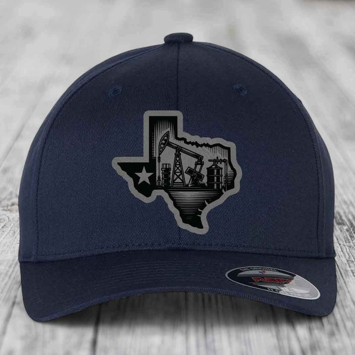 Texas Oilfield - Leather Patch Hat - Grey to Black Patch - Flexfit 6277 Fitted Hat