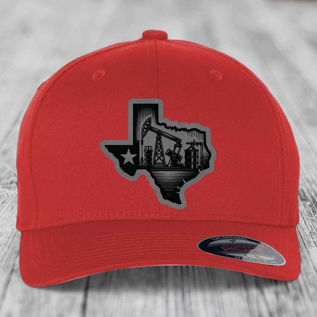 Texas Oilfield - Leather Patch Hat - Grey to Black Patch - Flexfit 6277 Fitted Hat