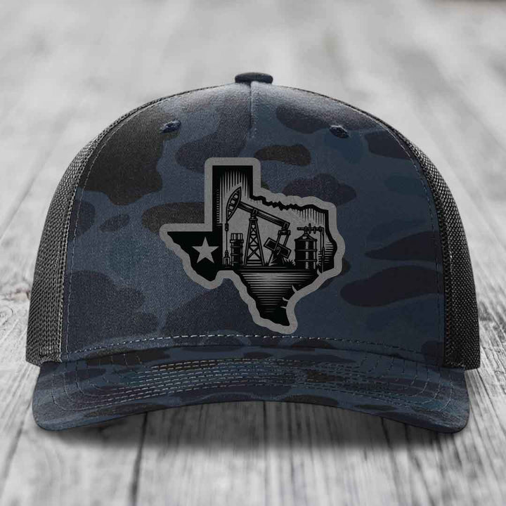 Texas Oilfield - Leather Patch Hat - Grey to Black Patch - Richardson 112PFP Snapback Trucker Hat