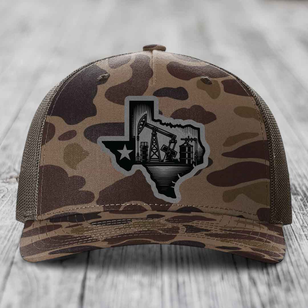 Texas Oilfield - Leather Patch Hat - Grey to Black Patch - Richardson 112PFP Snapback Trucker Hat