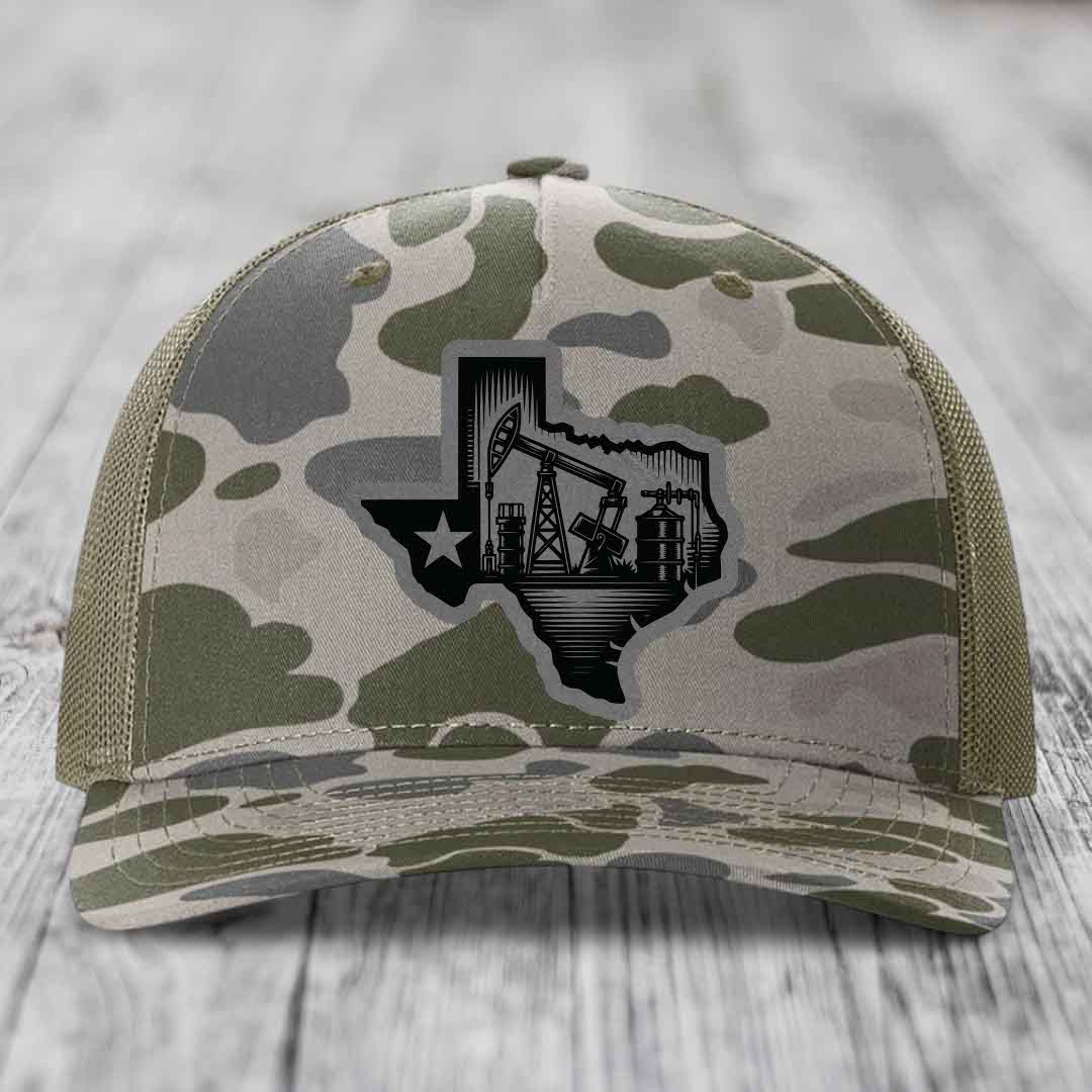 Texas Oilfield - Leather Patch Hat - Grey to Black Patch - Richardson 112PFP Snapback Trucker Hat
