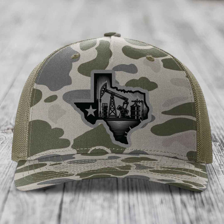 Texas Oilfield - Leather Patch Hat - Grey to Black Patch - Richardson 112PFP Snapback Trucker Hat