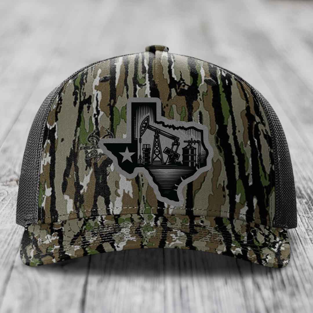 Texas Oilfield - Leather Patch Hat - Grey to Black Patch - Richardson 112PFP Snapback Trucker Hat