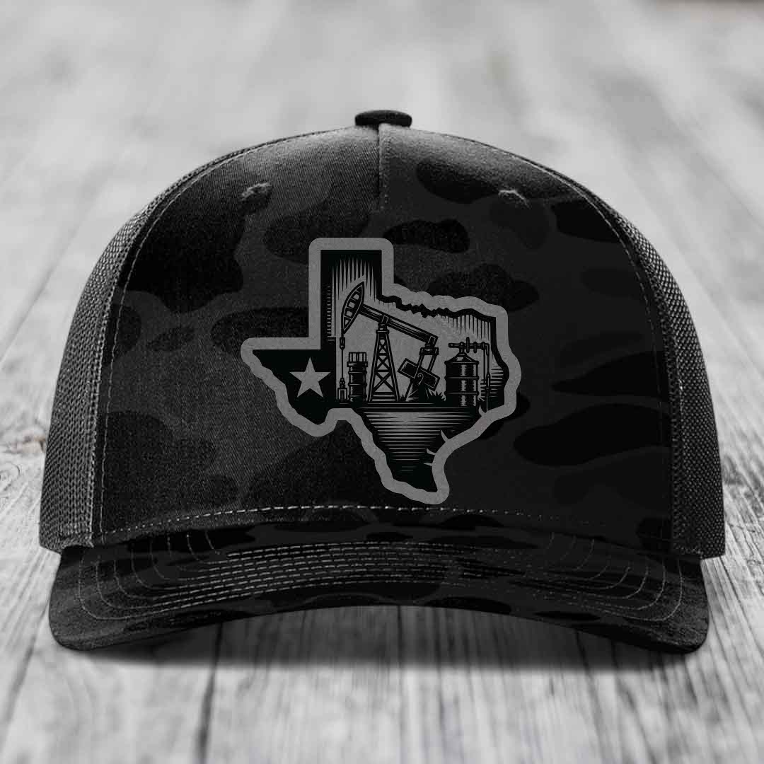 Texas Oilfield - Leather Patch Hat - Grey to Black Patch - Richardson 112PFP Snapback Trucker Hat