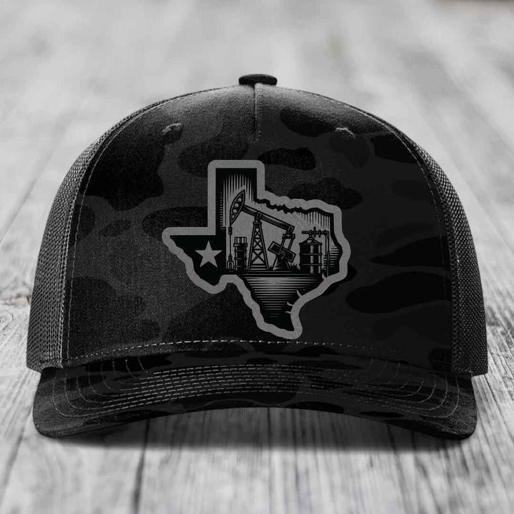 Texas Oilfield - Leather Patch Hat - Grey to Black Patch - Richardson 112PFP Snapback Trucker Hat