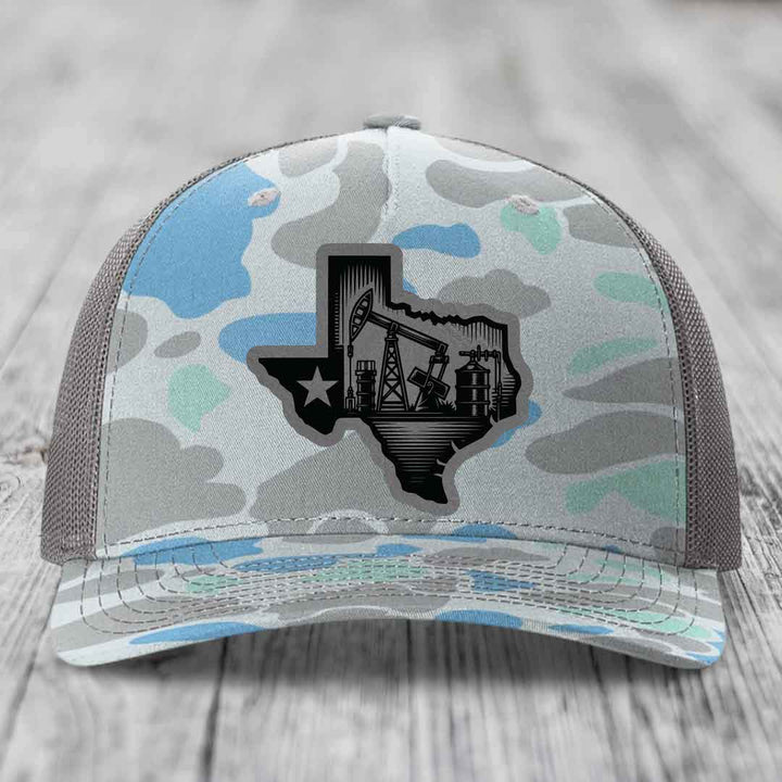 Texas Oilfield - Leather Patch Hat - Grey to Black Patch - Richardson 112PFP Snapback Trucker Hat