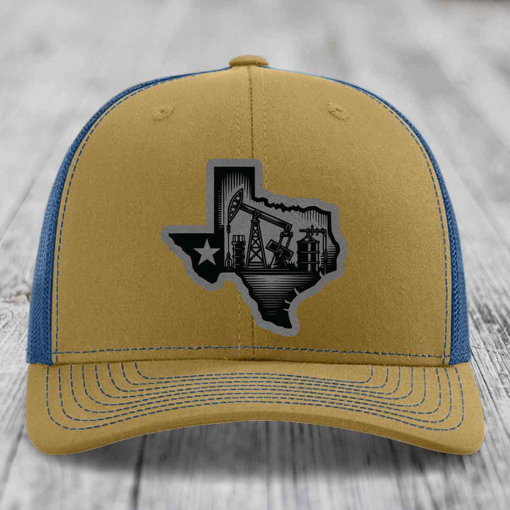 Texas Oilfield - Leather Patch Hat - Grey to Black Patch - Richardson 112 Snapback Trucker Hat