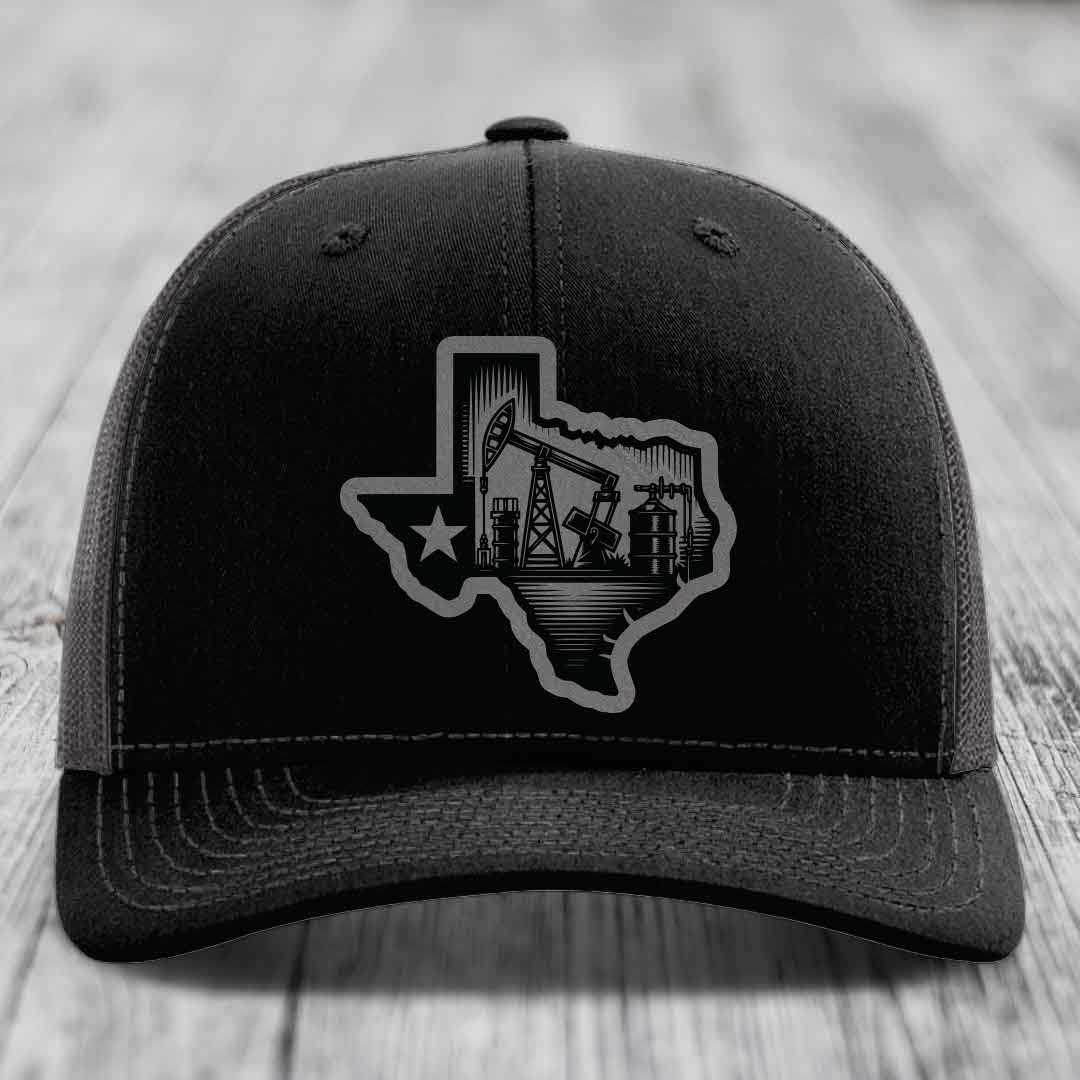 Texas Oilfield - Leather Patch Hat - Grey to Black Patch - Richardson 112 Snapback Trucker Hat