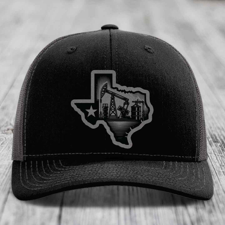 Texas Oilfield - Leather Patch Hat - Grey to Black Patch - Richardson 112 Snapback Trucker Hat