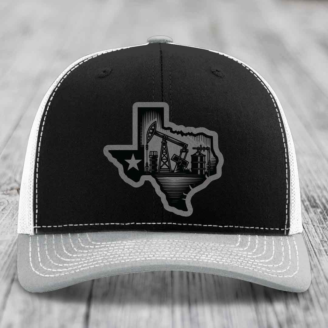 Texas Oilfield - Leather Patch Hat - Grey to Black Patch - Richardson 112 Snapback Trucker Hat
