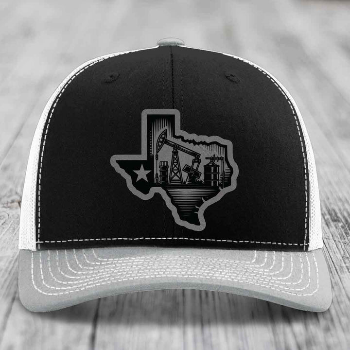Texas Oilfield - Leather Patch Hat - Grey to Black Patch - Richardson 112 Snapback Trucker Hat