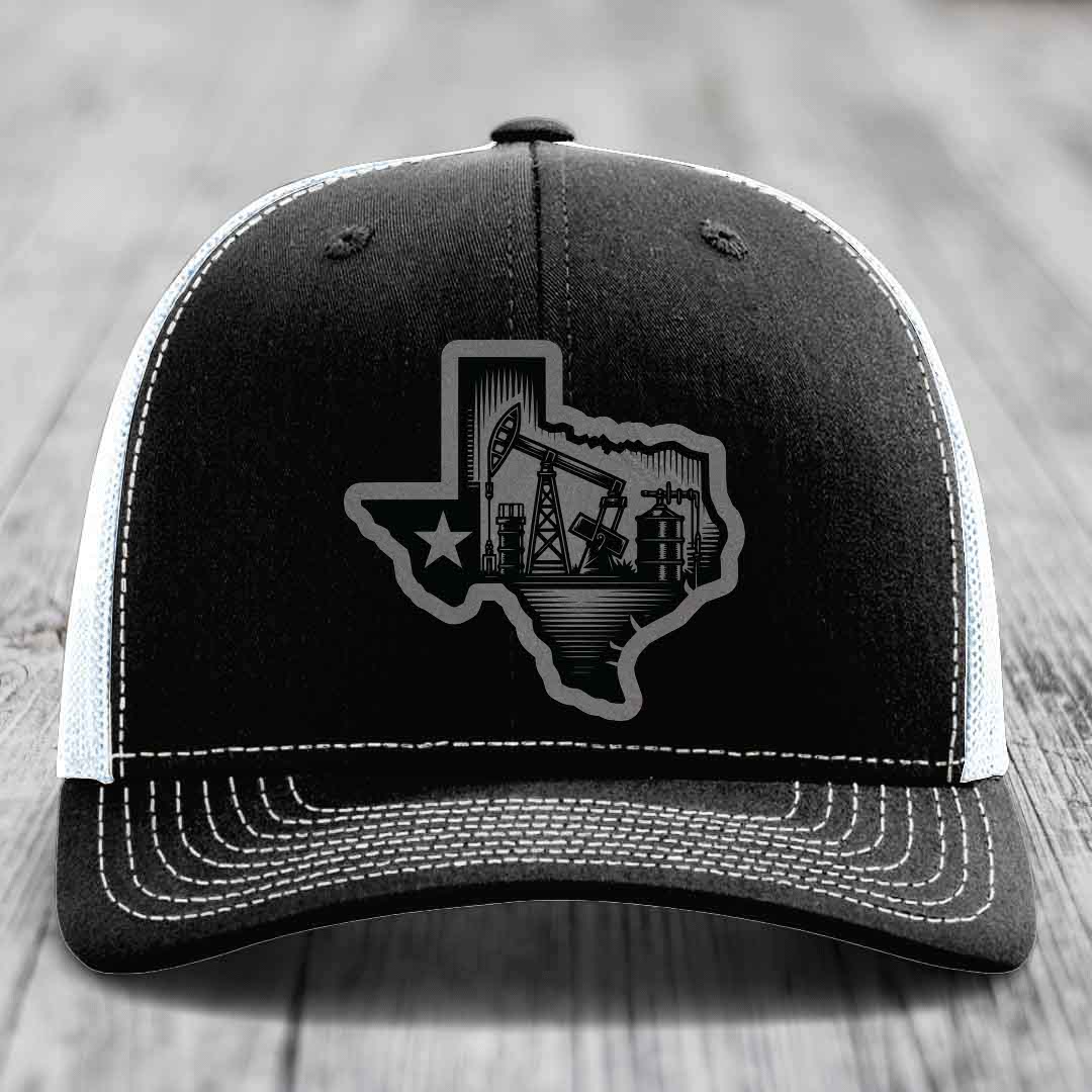 Texas Oilfield - Leather Patch Hat - Grey to Black Patch - Richardson 112 Snapback Trucker Hat