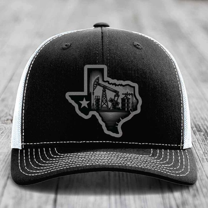 Texas Oilfield - Leather Patch Hat - Grey to Black Patch - Richardson 112 Snapback Trucker Hat