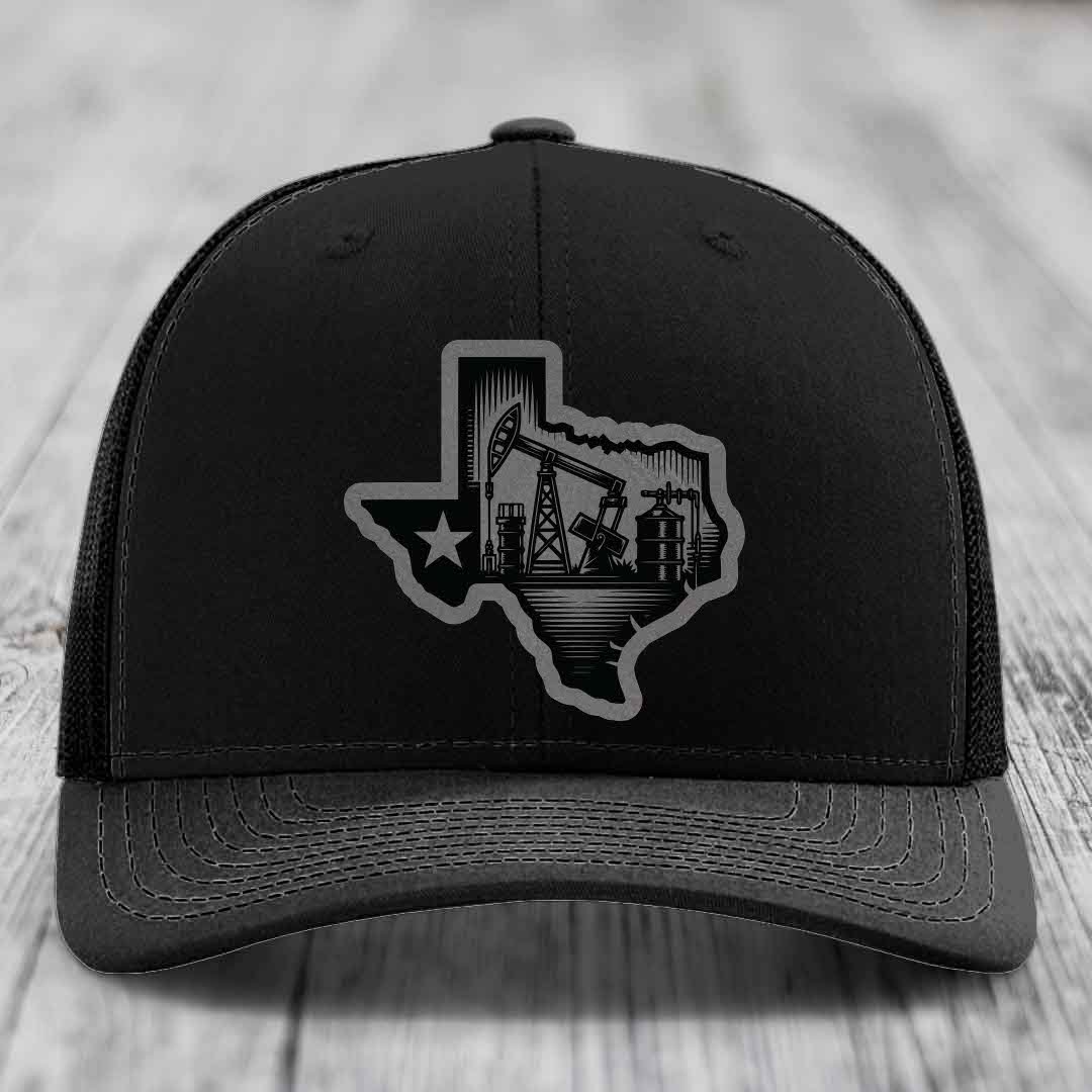 Texas Oilfield - Leather Patch Hat - Grey to Black Patch - Richardson 112 Snapback Trucker Hat