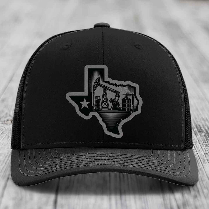 Texas Oilfield - Leather Patch Hat - Grey to Black Patch - Richardson 112 Snapback Trucker Hat