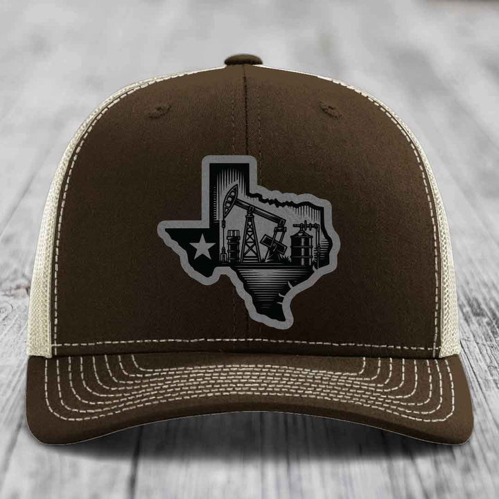 Texas Oilfield - Leather Patch Hat - Grey to Black Patch - Richardson 112 Snapback Trucker Hat