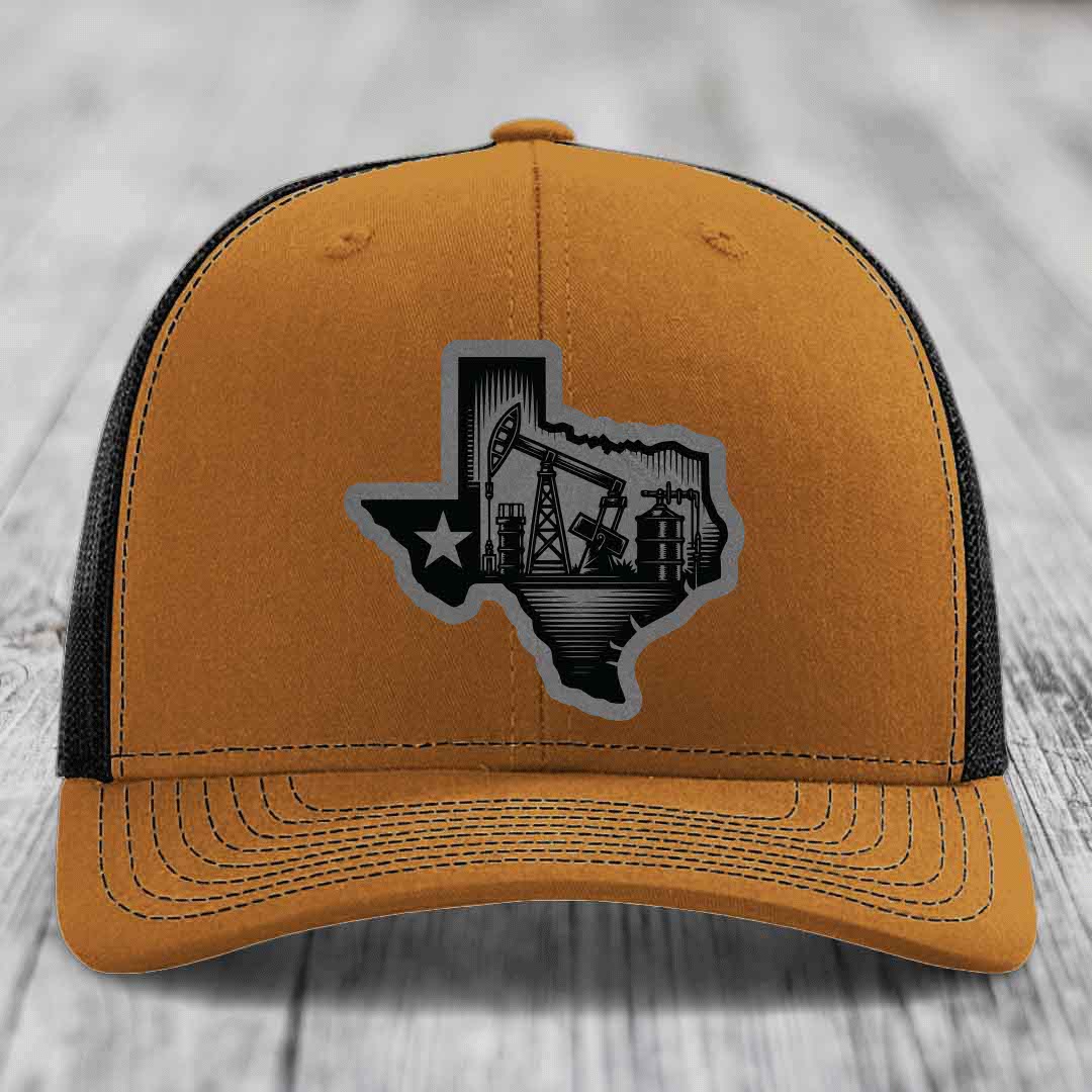 Texas Oilfield - Leather Patch Hat - Grey to Black Patch - Richardson 112 Snapback Trucker Hat