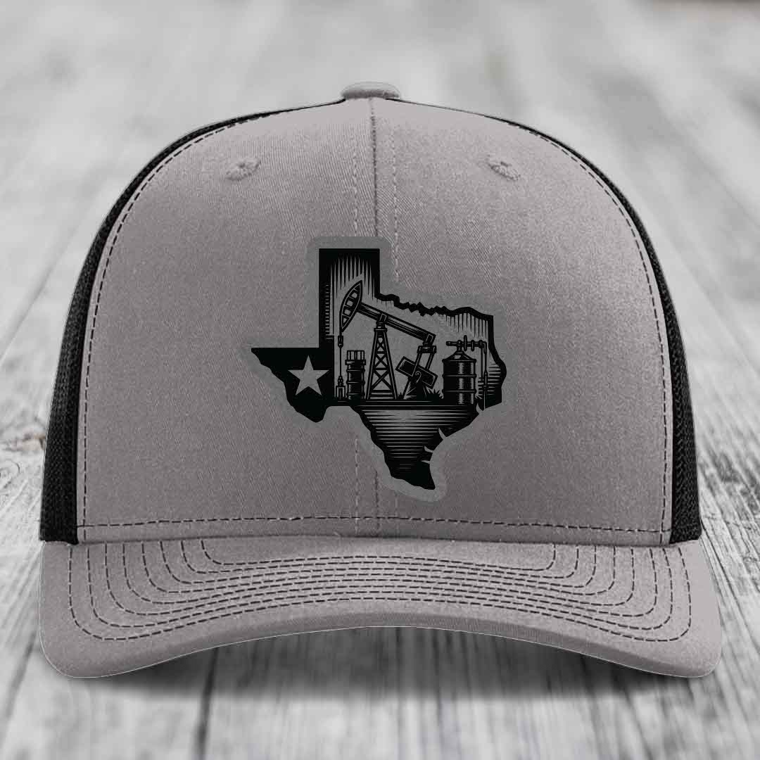 Texas Oilfield - Leather Patch Hat - Grey to Black Patch - Richardson 112 Snapback Trucker Hat