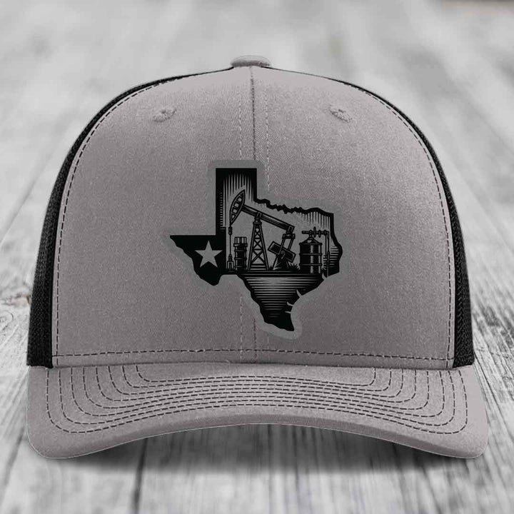 Texas Oilfield - Leather Patch Hat - Grey to Black Patch - Richardson 112 Snapback Trucker Hat