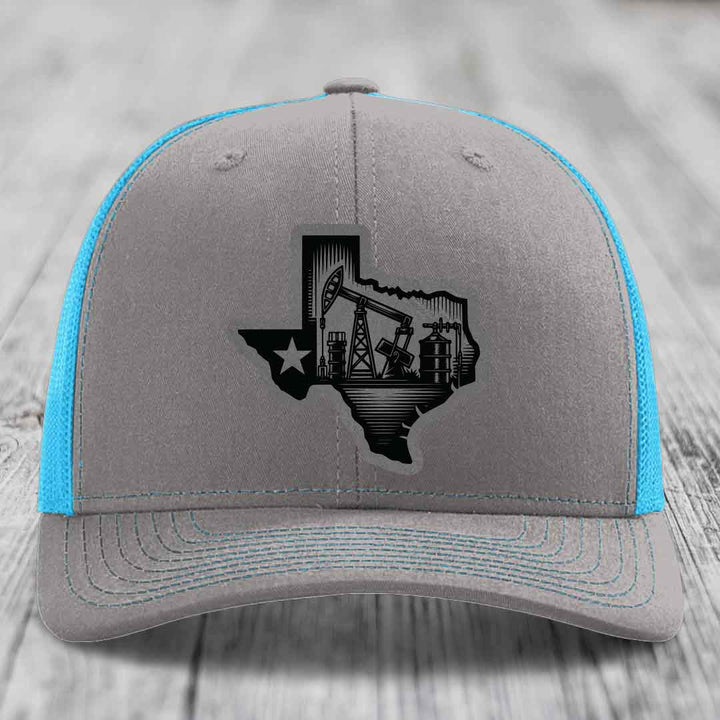 Texas Oilfield - Leather Patch Hat - Grey to Black Patch - Richardson 112 Snapback Trucker Hat
