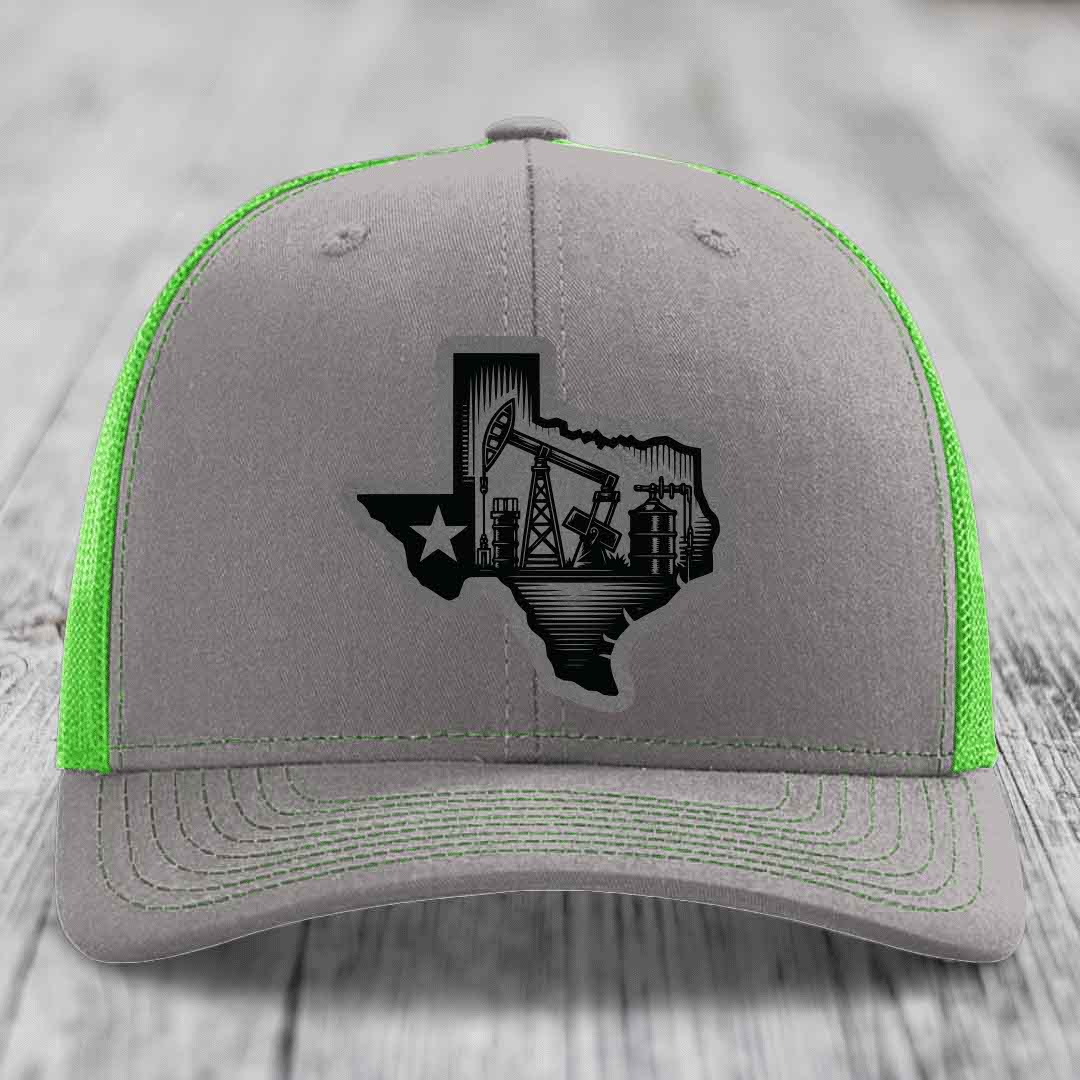 Texas Oilfield - Leather Patch Hat - Grey to Black Patch - Richardson 112 Snapback Trucker Hat
