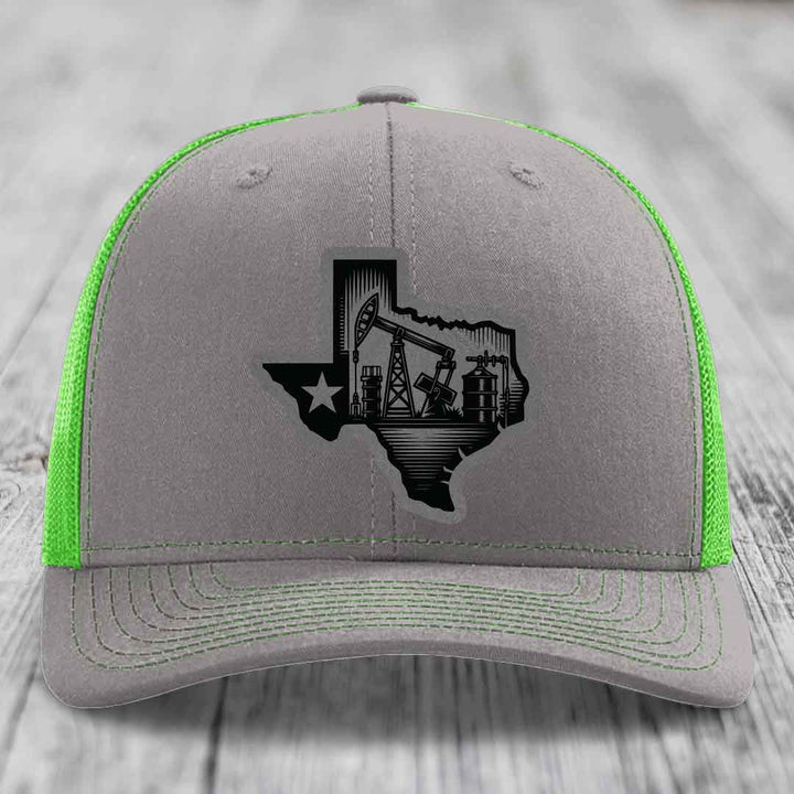 Texas Oilfield - Leather Patch Hat - Grey to Black Patch - Richardson 112 Snapback Trucker Hat