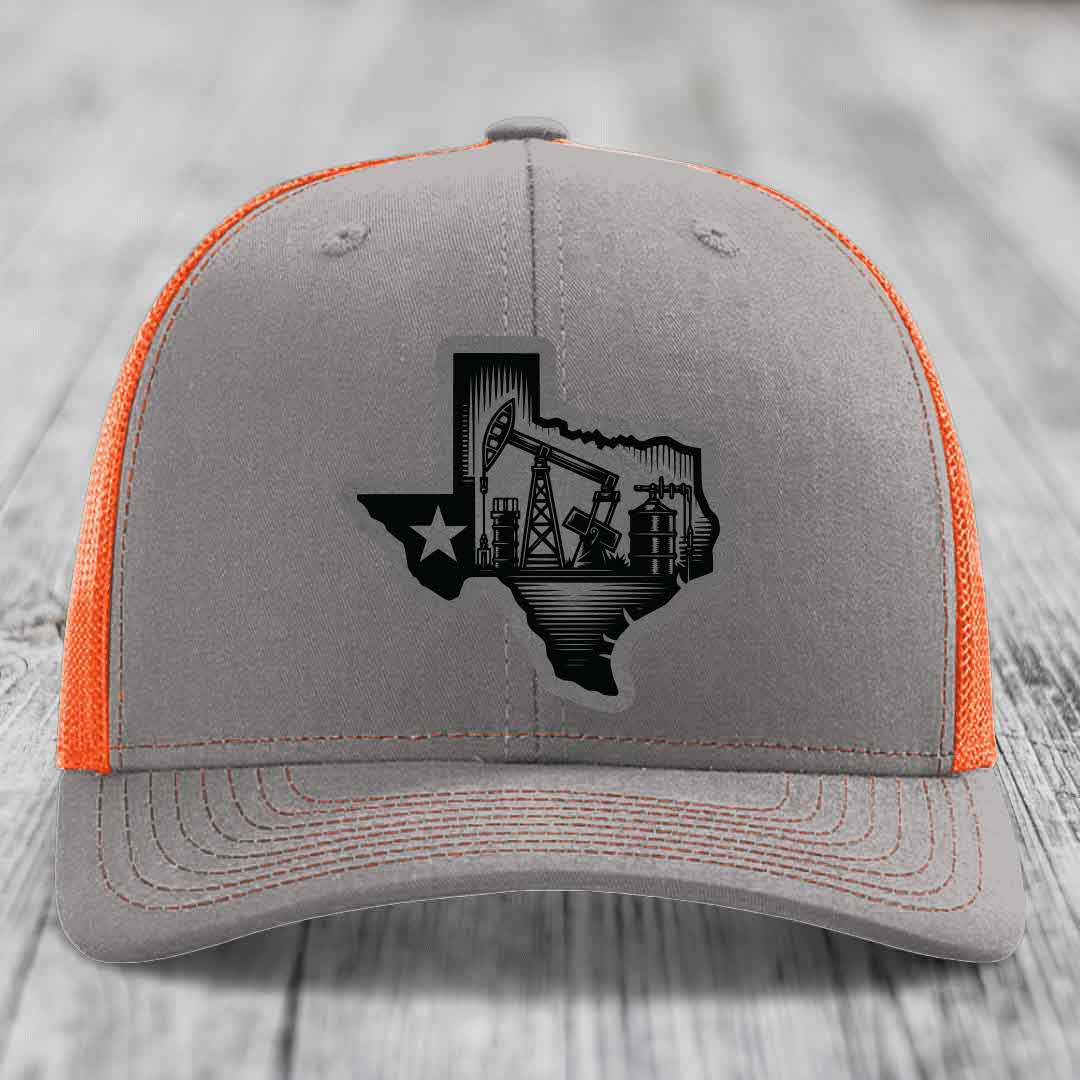 Texas Oilfield - Leather Patch Hat - Grey to Black Patch - Richardson 112 Snapback Trucker Hat