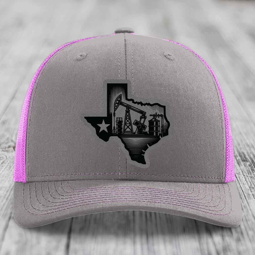 Texas Oilfield - Leather Patch Hat - Grey to Black Patch - Richardson 112 Snapback Trucker Hat